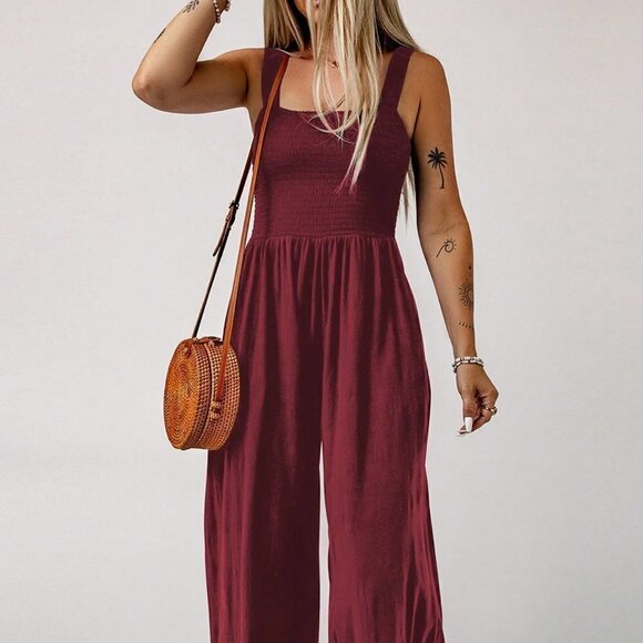 Red Casual Womens Solid Slant Pocket Wide Leg Jumpsuit - Picture 5 of 5